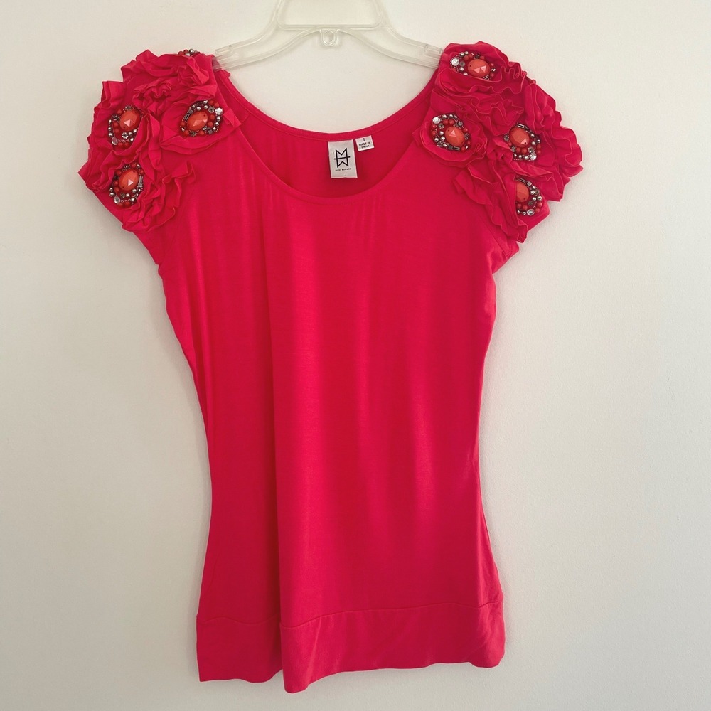 Marc Bouwer Coral 3D Rosette Embellished Ruffle Shoulder Scoop Neck Top Small